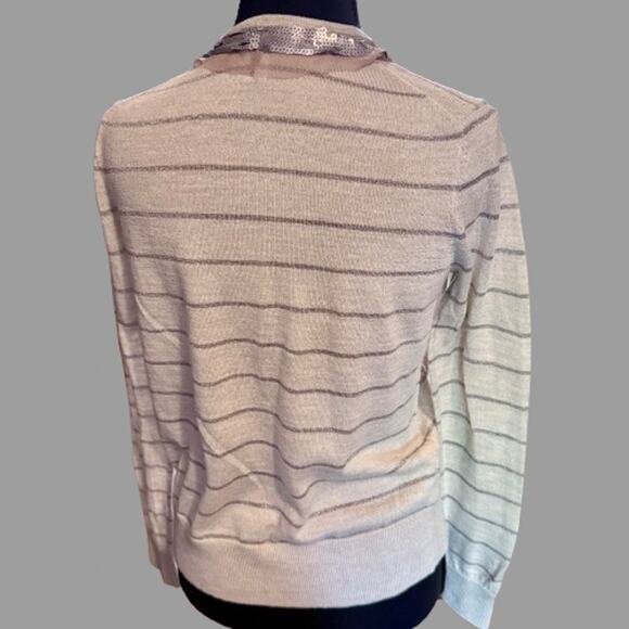 Ann Taylor LOFT Sequin Gray Metallic Striped Beige Cardigan - Picture 6 of 8